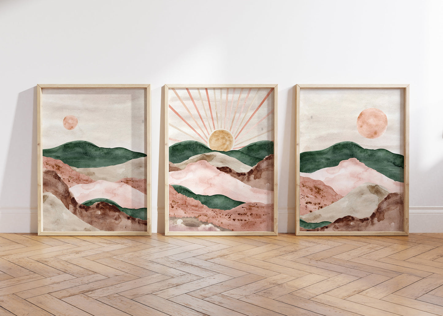 Pink and Green Watercolour Landscape Wall Prints