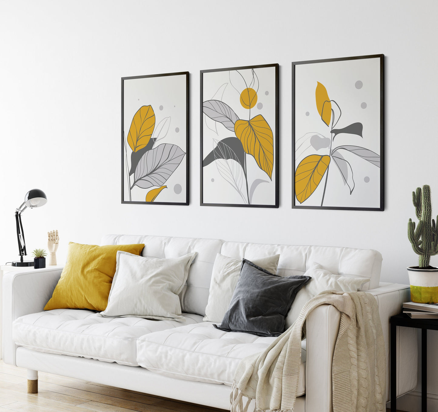 Set of 3 Mustard and Grey Botanical Wall Prints