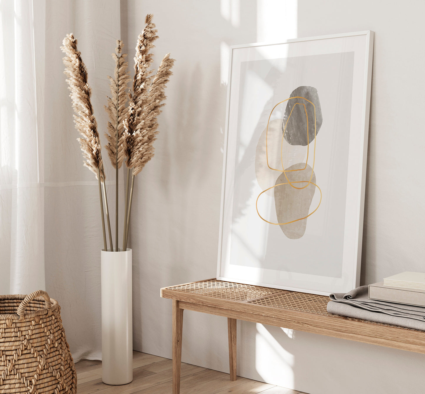 Set of 3 Modern Beige and Gold Abstract Wall Art Prints