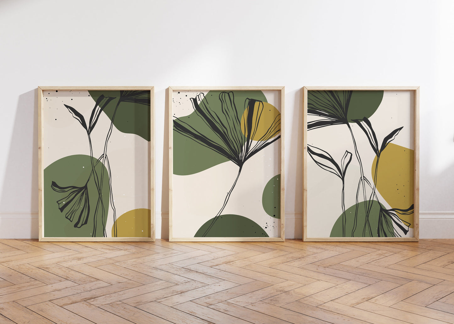 Set of 3 Green & Mustard Botanical Wall Art Prints