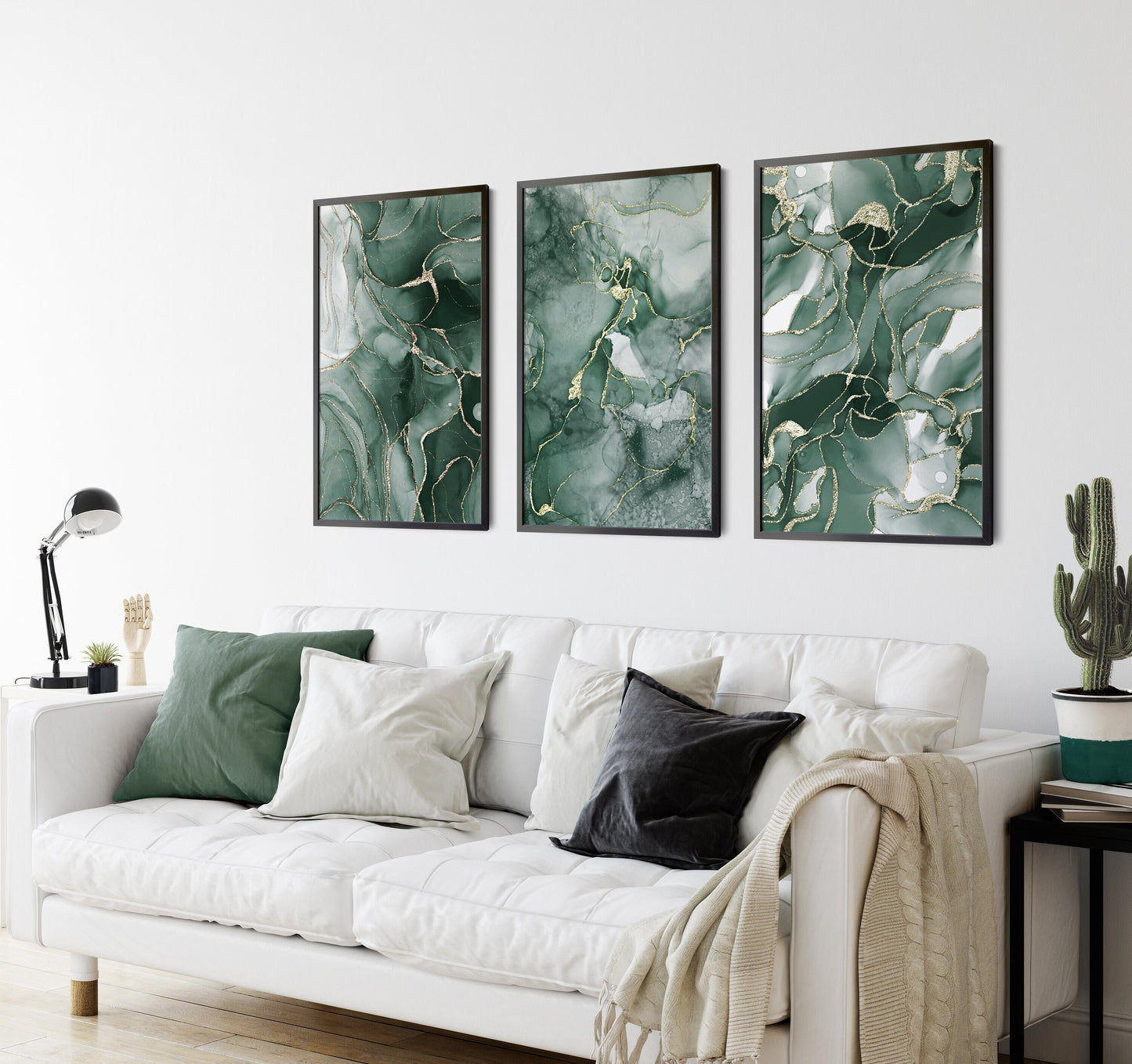 Set of 3 Green & Gold Marble Wall Art Prints