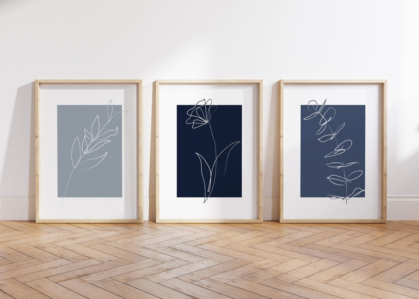 Set of 3 Blue Botanical Line Art Wall Prints
