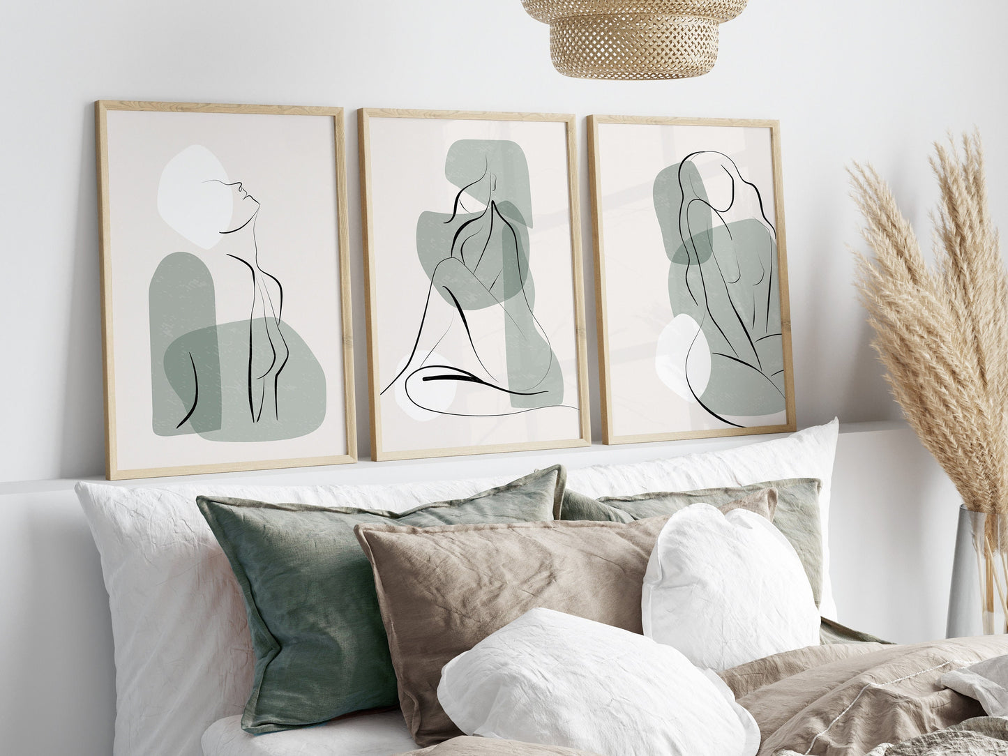 Set of 3 Sage Green Women Line Art Wall Prints