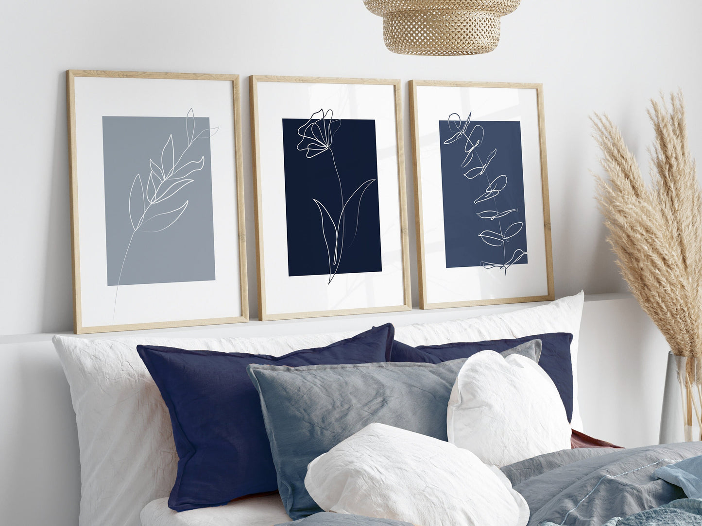 Set of 3 Blue Botanical Line Art Wall Prints