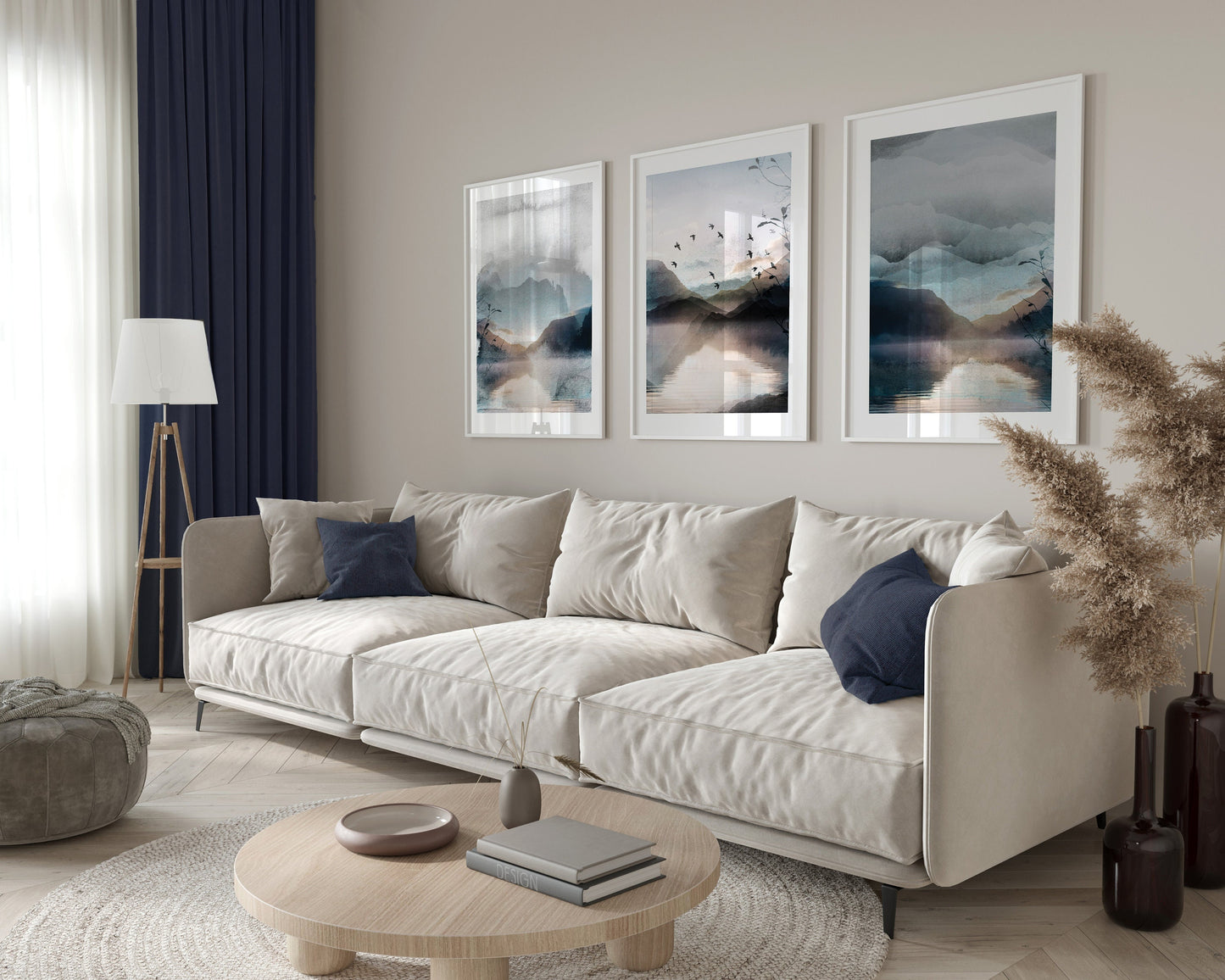 Set of 3 Blue Watercolour Landscape Abstract Wall Art Prints