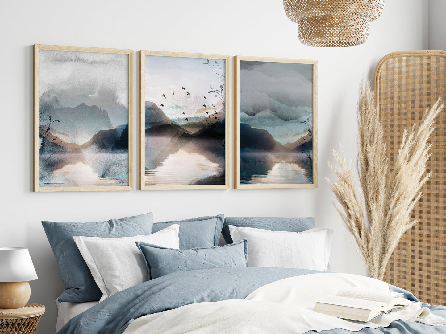 Set of 3 Blue Watercolour Landscape Abstract Wall Art Prints