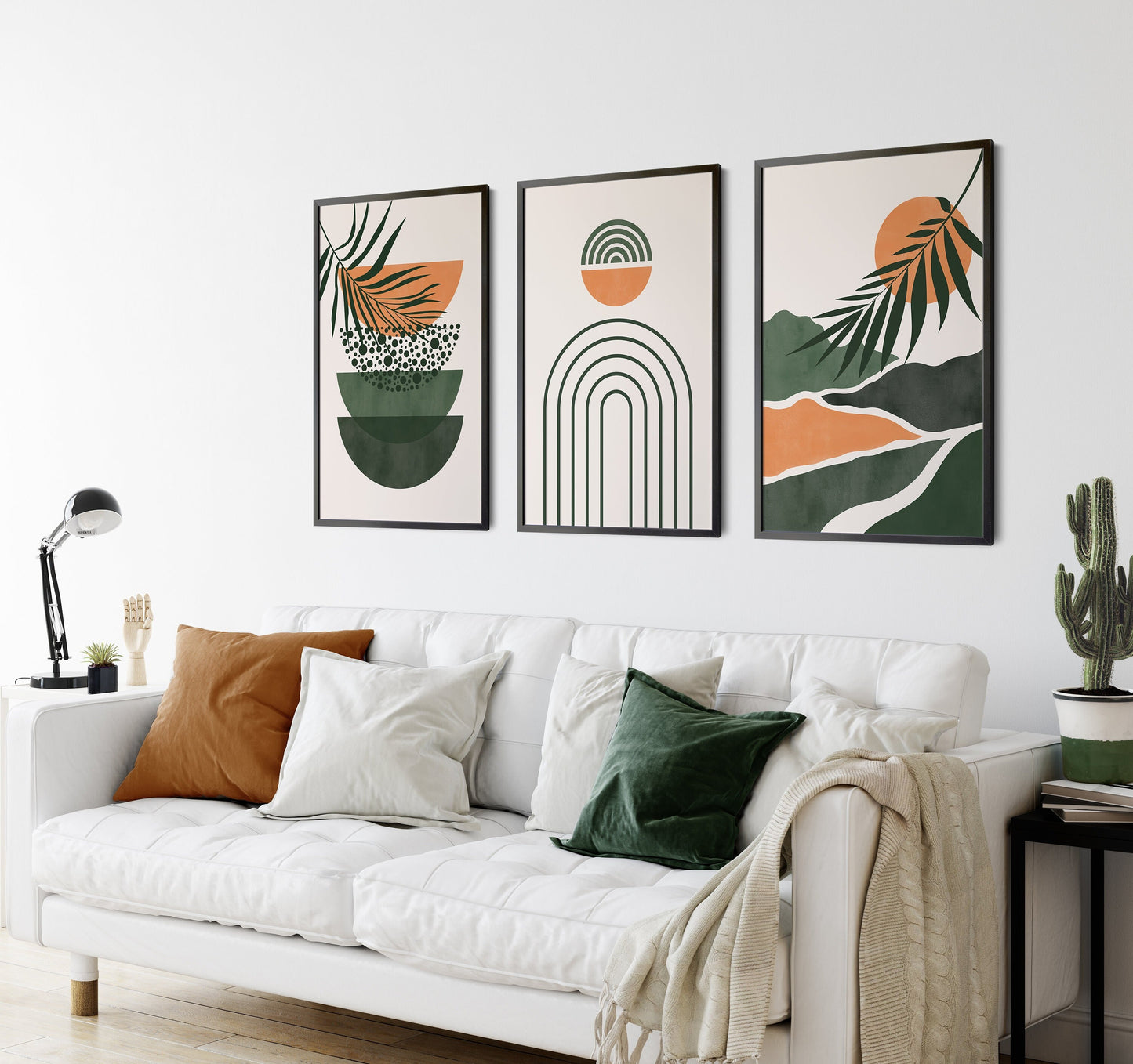 Set of 3 Green & Orange Boho Wall Art Prints
