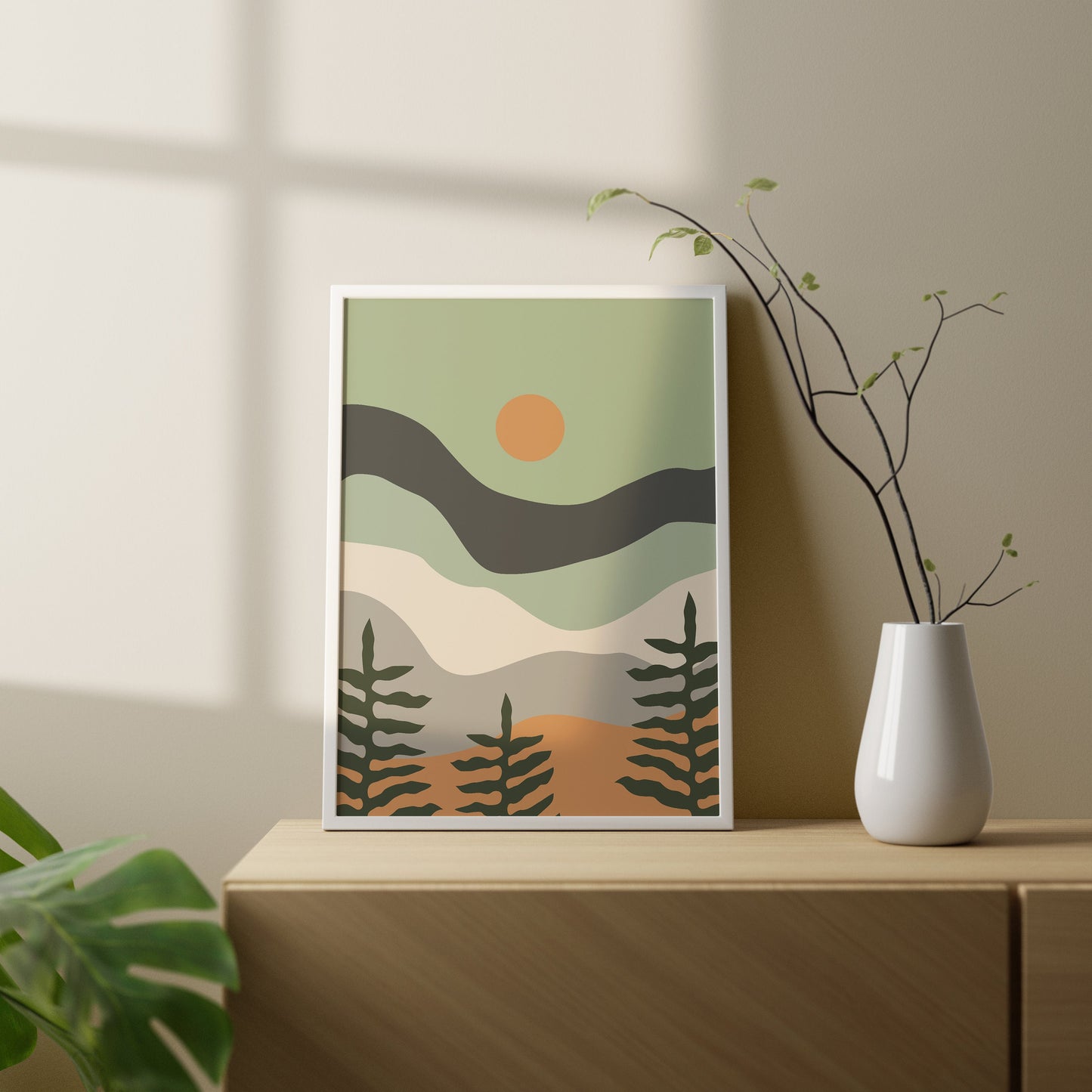 Set of 3 Green Boho Landscape Abstract Wall Art Prints