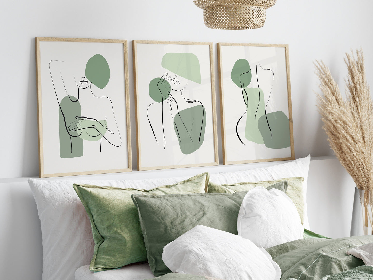 Set of 3 Green Line Art Women Wall Prints