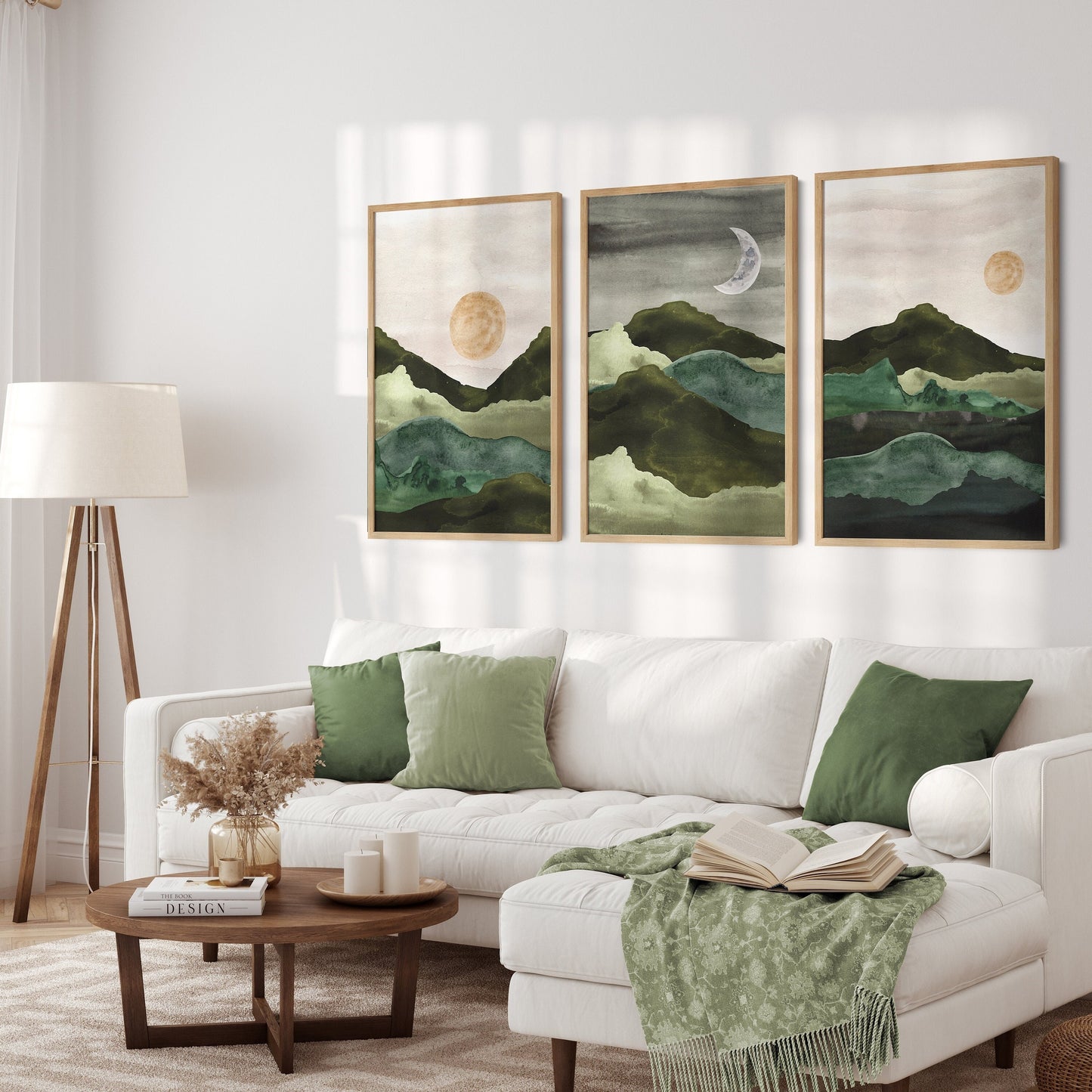 Set of 3 Green Watercolour Landscape Wall Art Prints