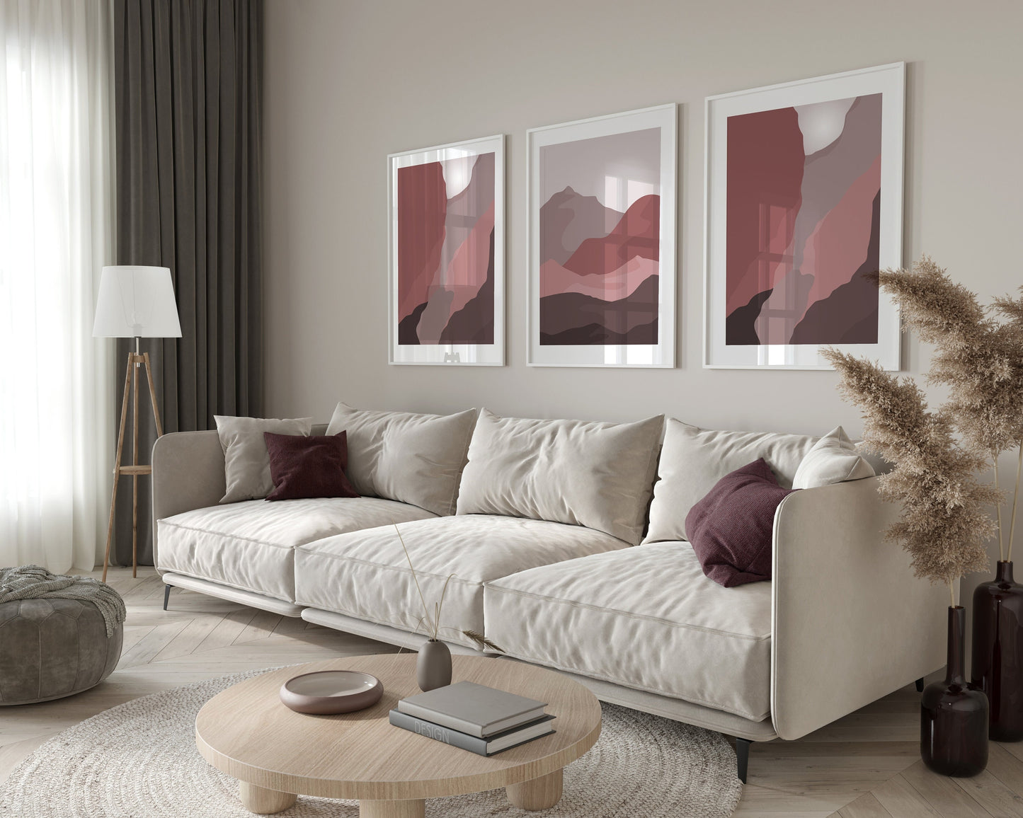 Set of 3 Mauve Pink Boho Landscape Wall Art Prints