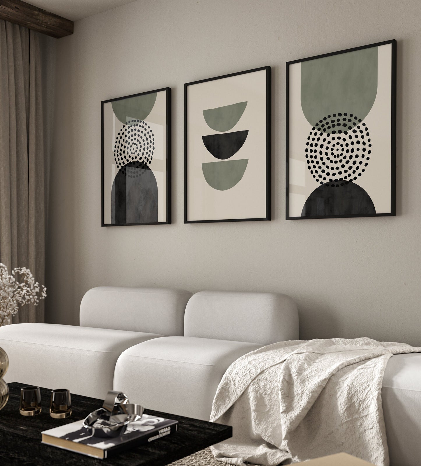 Set of 3 Green & Black Modern Mid Century Wall Prints