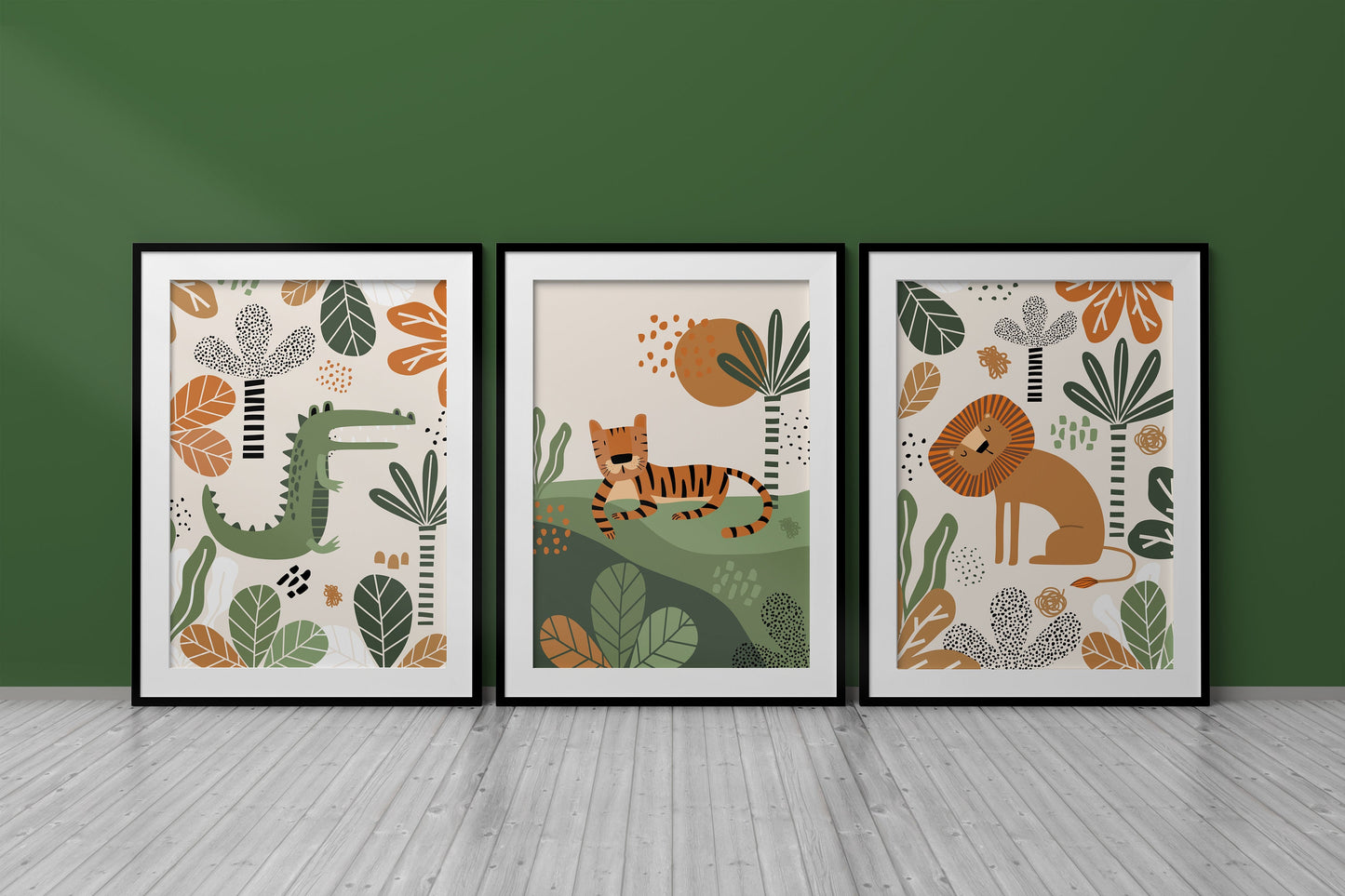 Set of 3 Green & Orange Safari Nursery Wall Prints