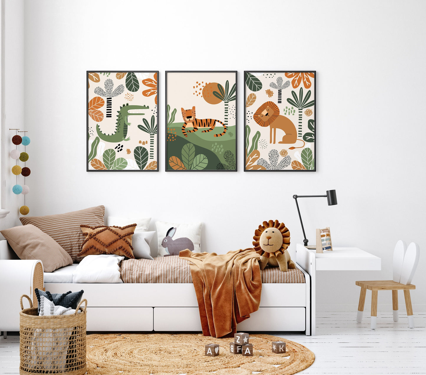 Set of 3 Green & Orange Safari Nursery Wall Prints