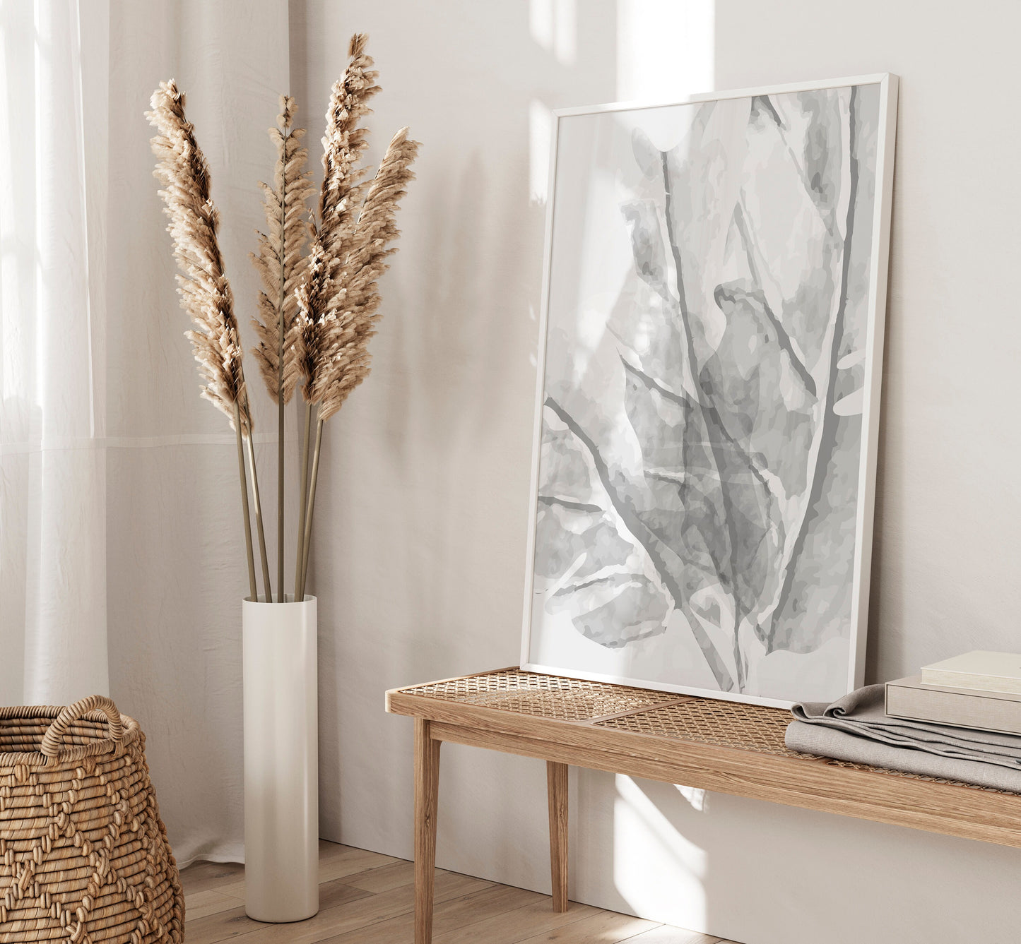 Set of 3 Light Grey Leaf Abstract Wall Art Prints