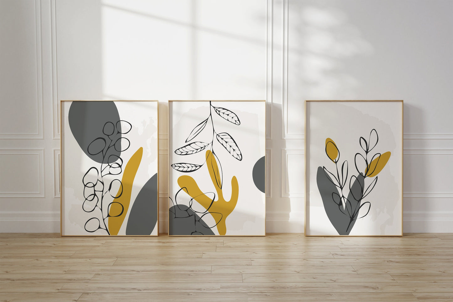 Set of 3 Mustard and Grey Wall Art Prints