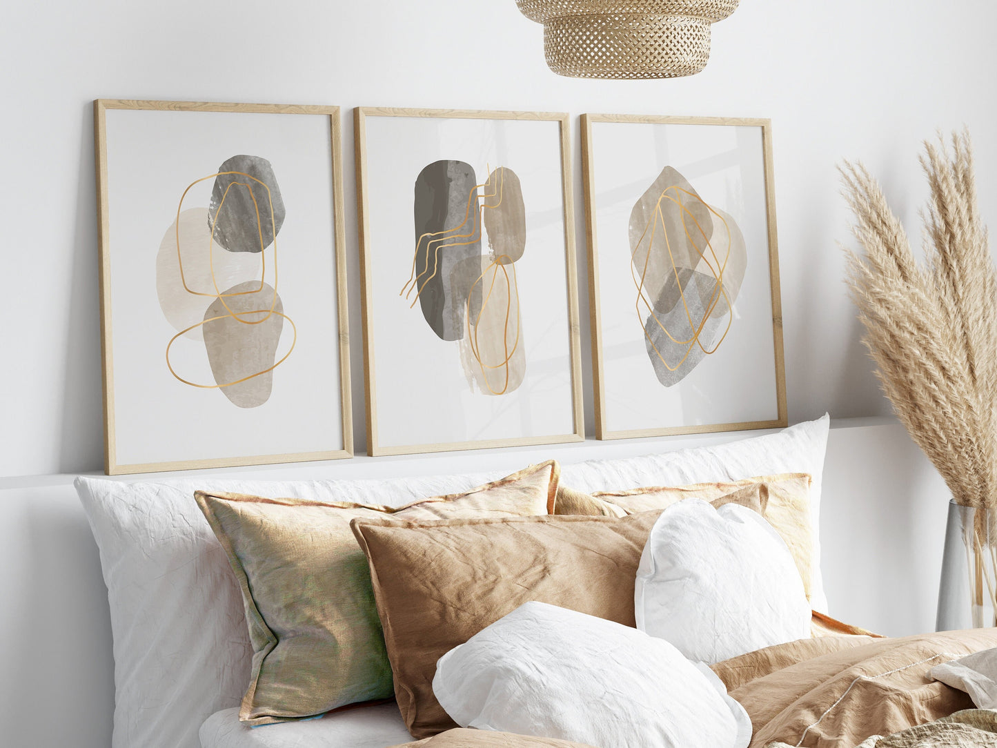 Set of 3 Modern Beige and Gold Abstract Wall Art Prints