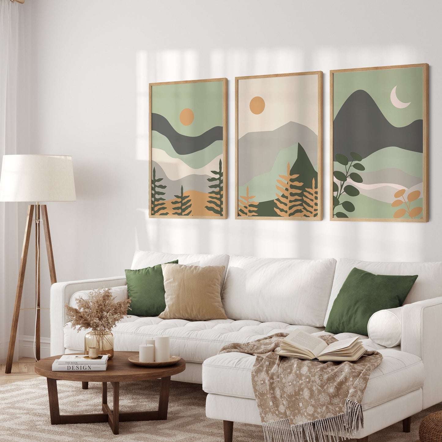 Set of 3 Green Boho Landscape Abstract Wall Art Prints
