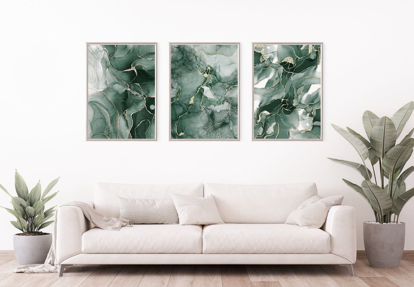 Set of 3 Green & Gold Marble Wall Art Prints