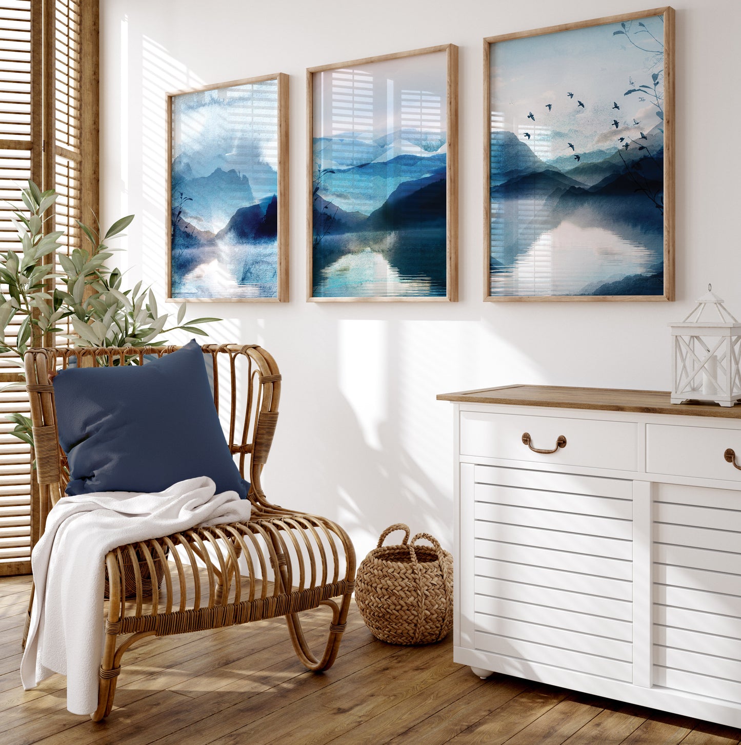 Set of 3 Vibrant Blue Watercolour Landscape Abstract Wall Art Prints