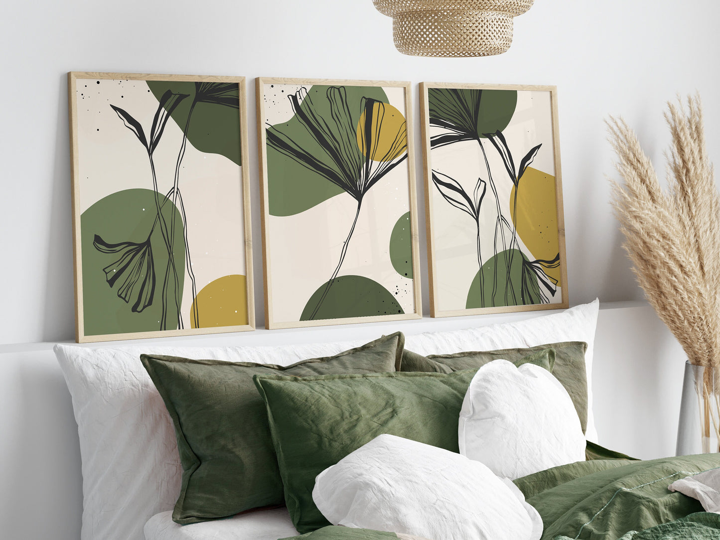 Set of 3 Green & Mustard Botanical Wall Art Prints