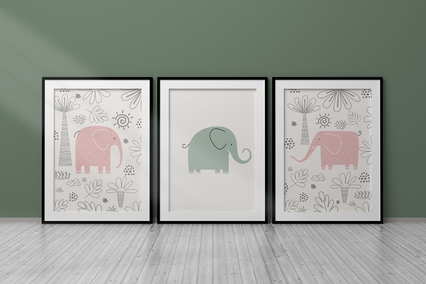 Set of 3 Pink & Green Elephant Girls Nursery Wall Prints