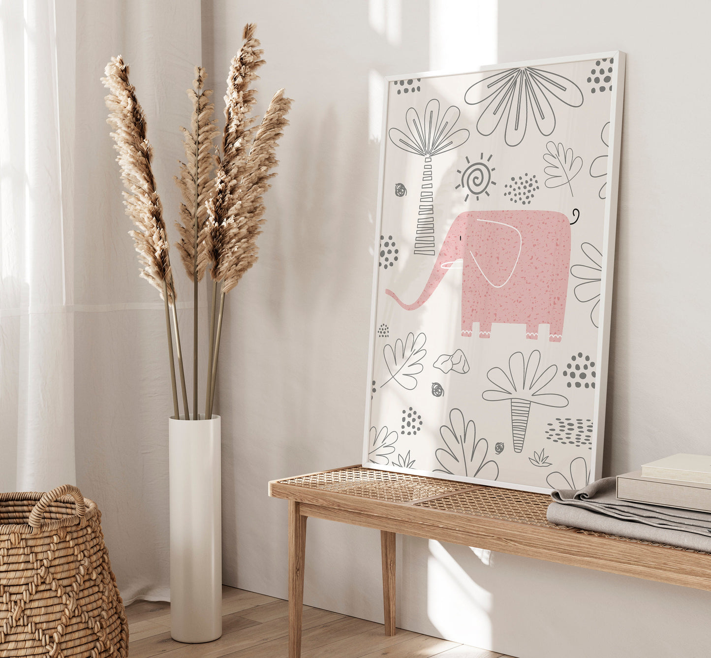 Set of 3 Pink & Green Elephant Girls Nursery Wall Prints