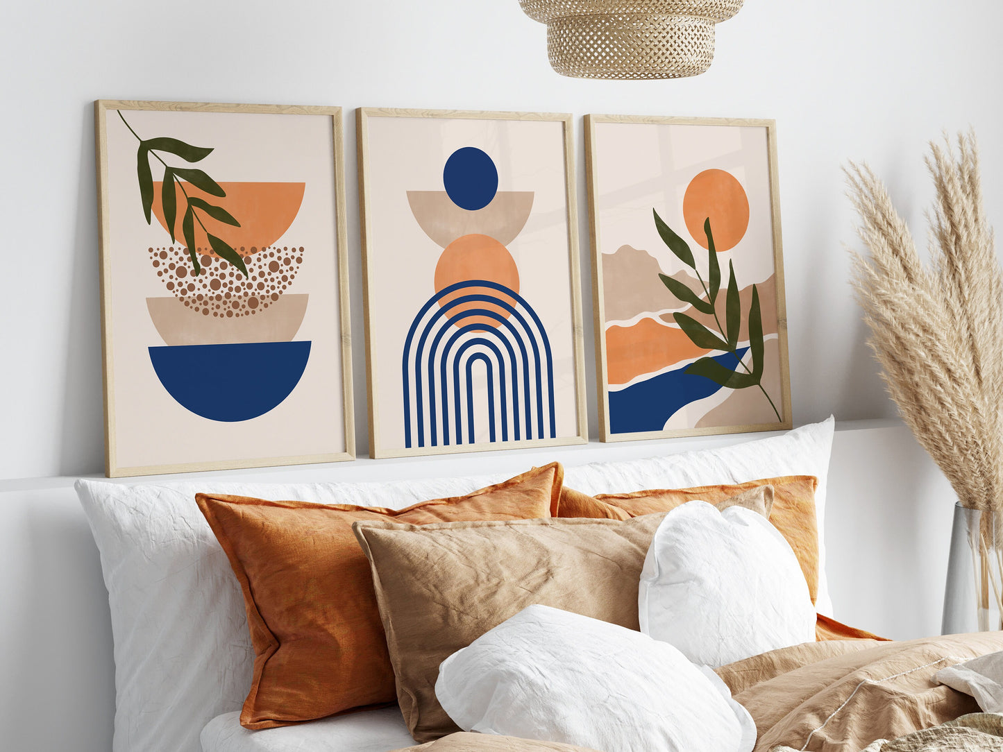 Set of 3 Blue & Orange Boho Wall Art Prints