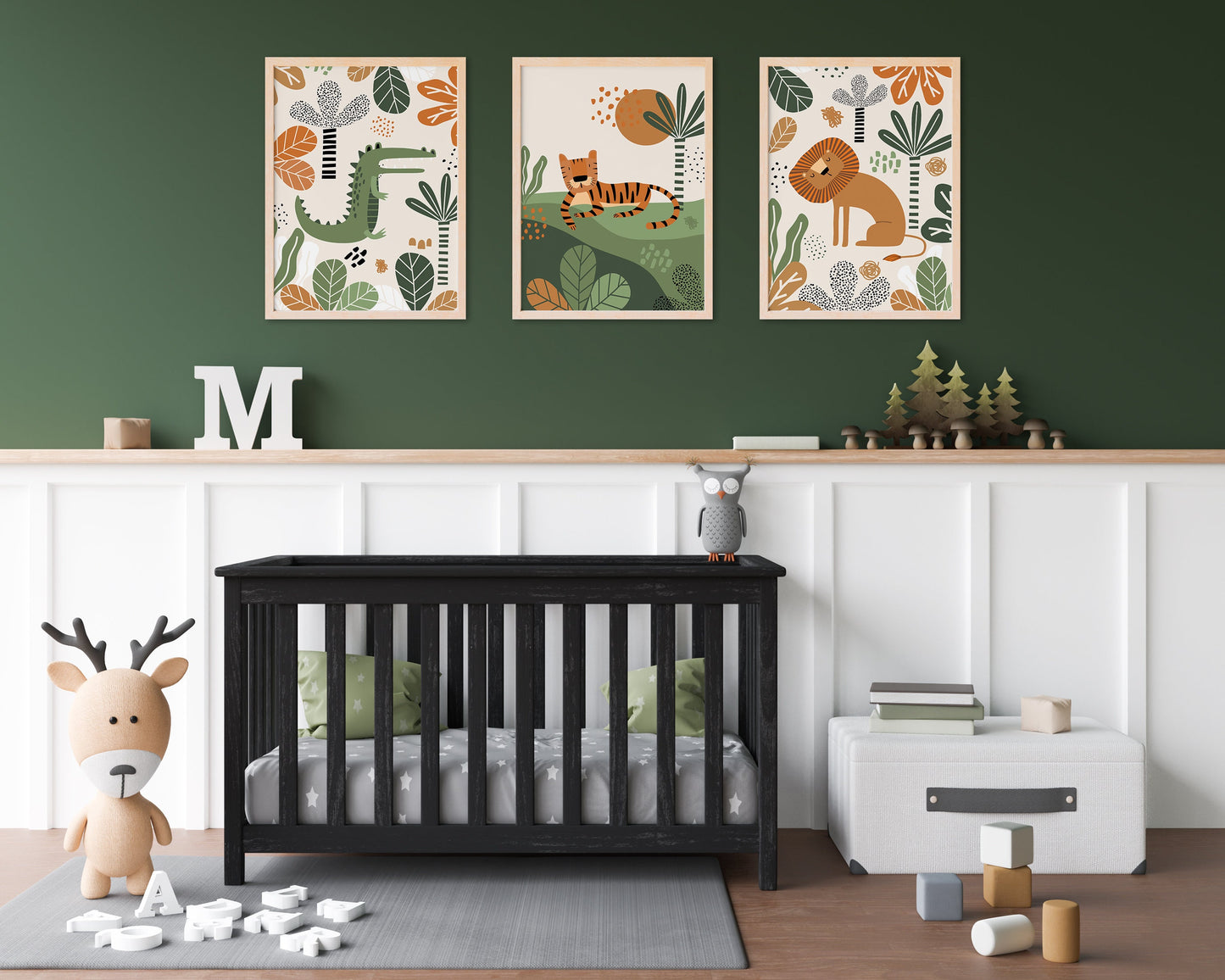 Set of 3 Green & Orange Safari Nursery Wall Prints