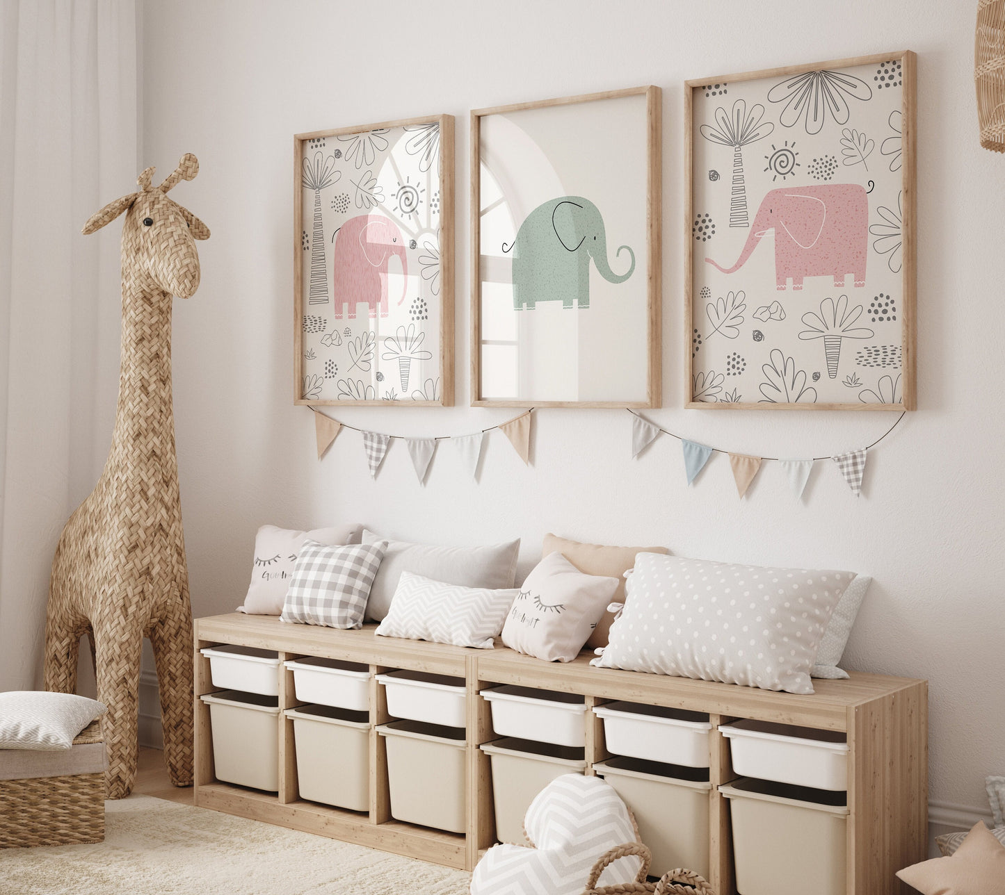 Set of 3 Pink & Green Elephant Girls Nursery Wall Prints