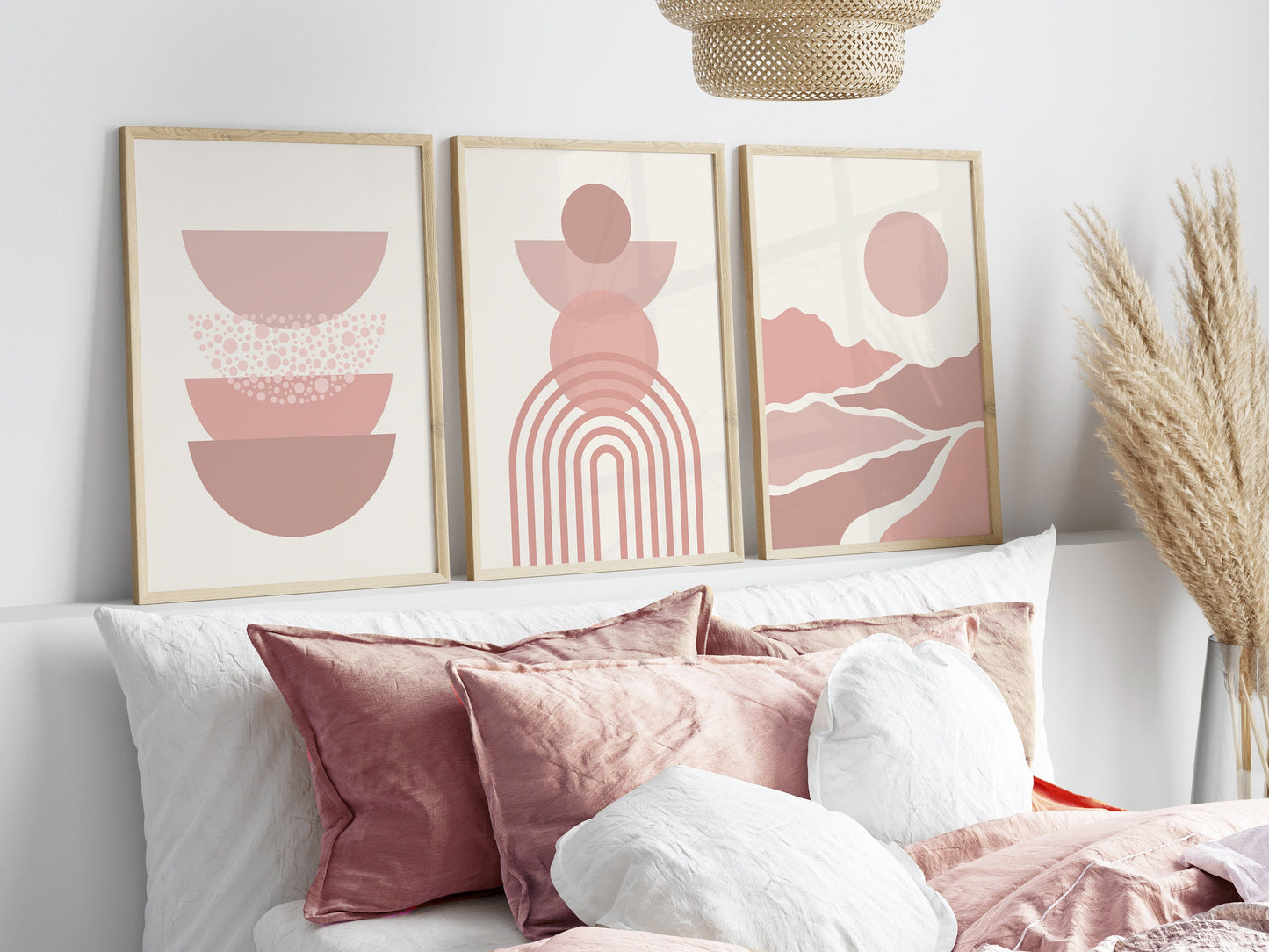 Set of 3 Pink Boho Abstract Wall Art Prints