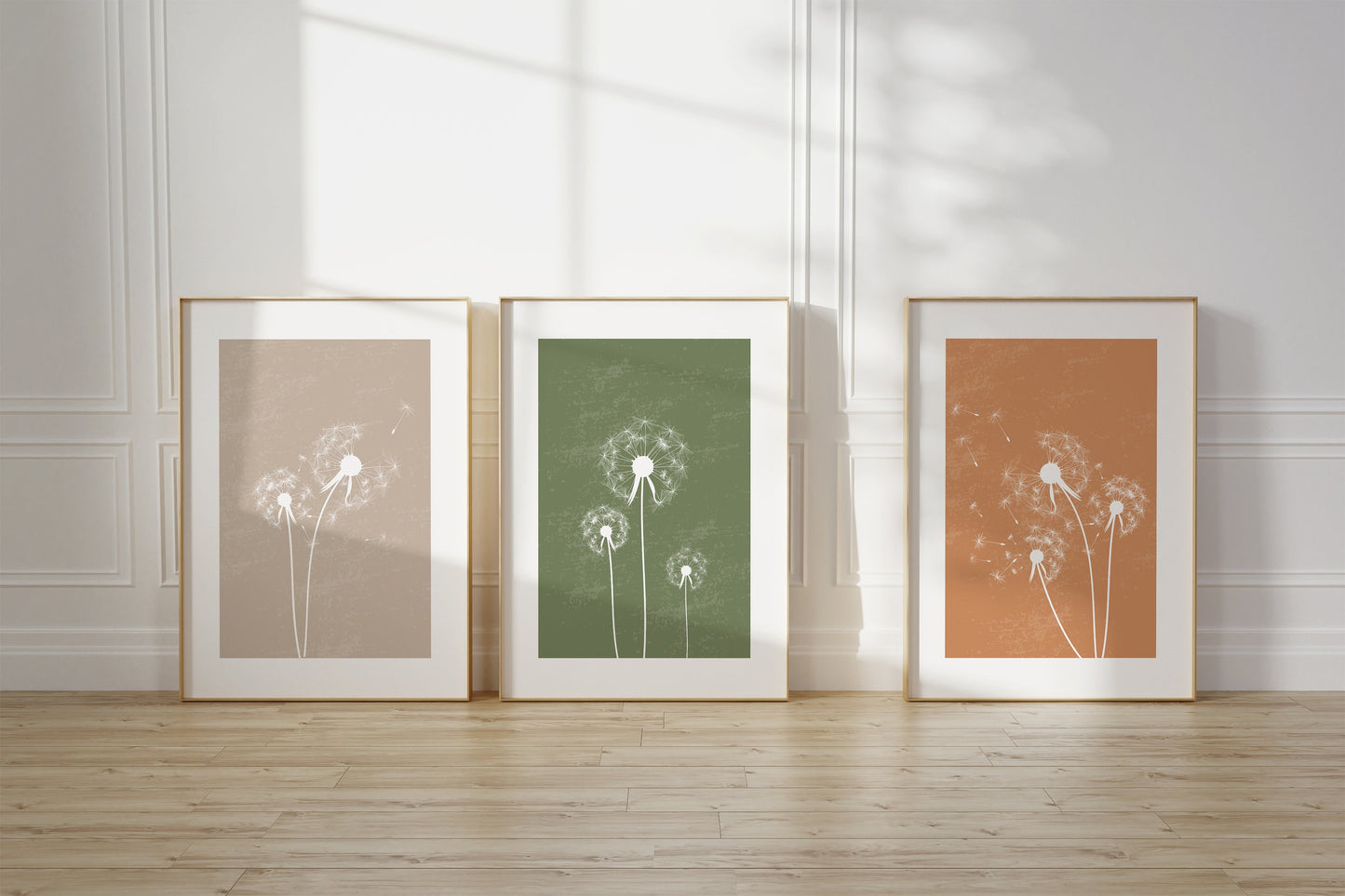 Set of 3 Green & Orange Dandelion Wall Prints