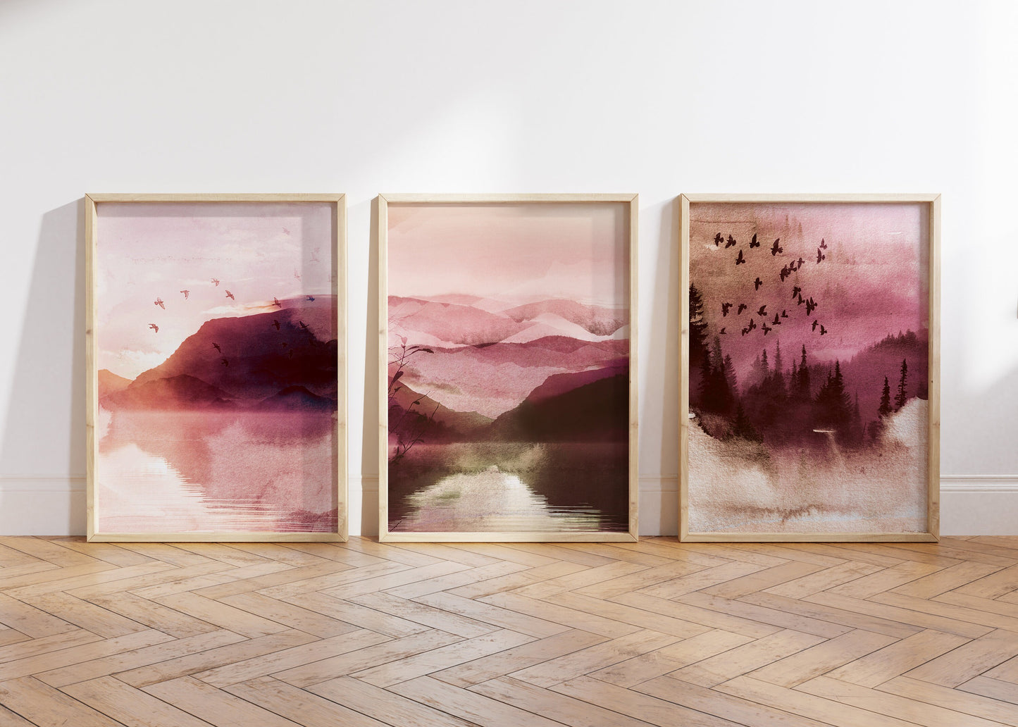 Set of 3 Pink Watercolour Landscape Wall Art Prints