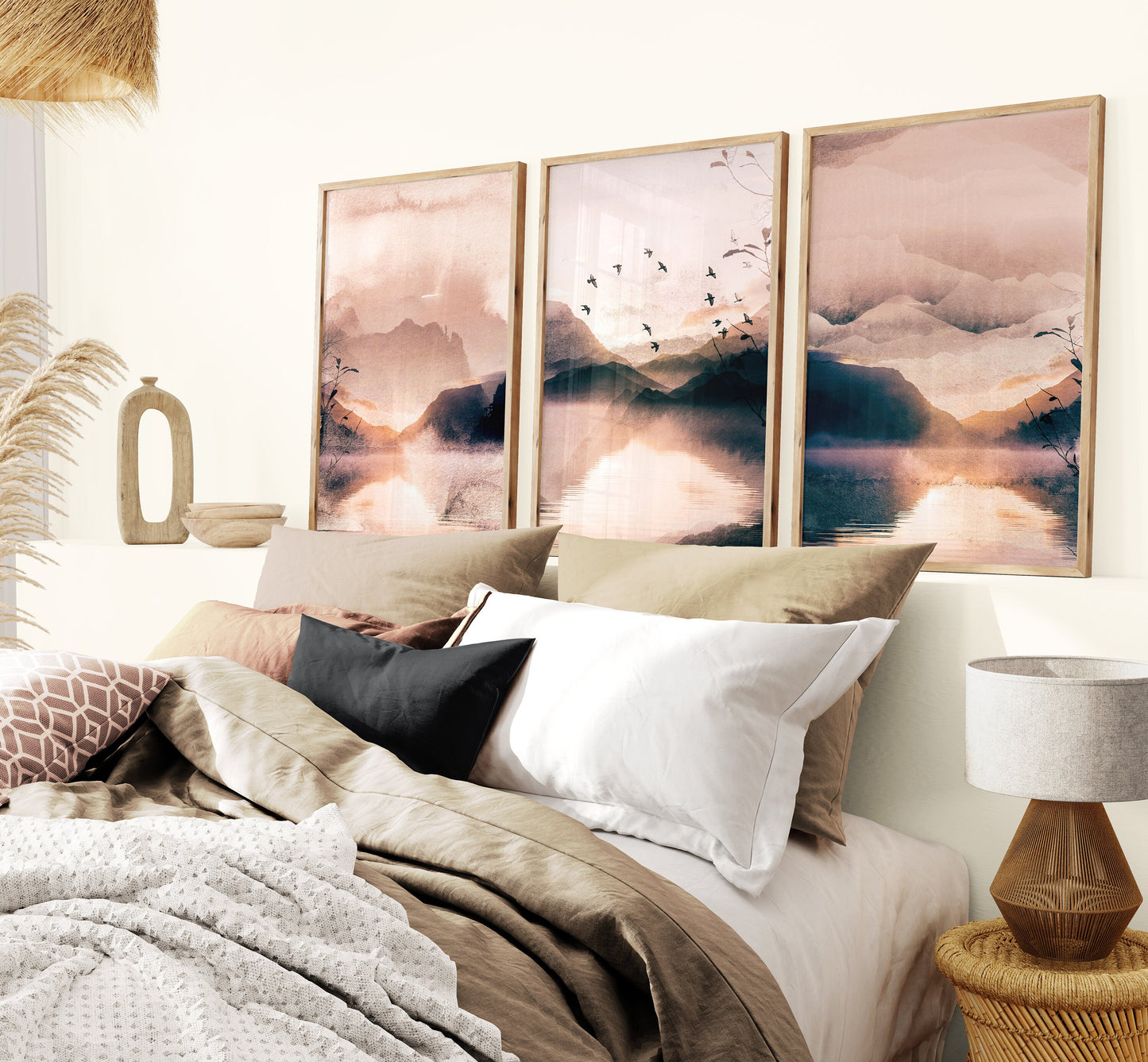 Set of 3 Peach Pink Watercolour Landscape Wall Prints
