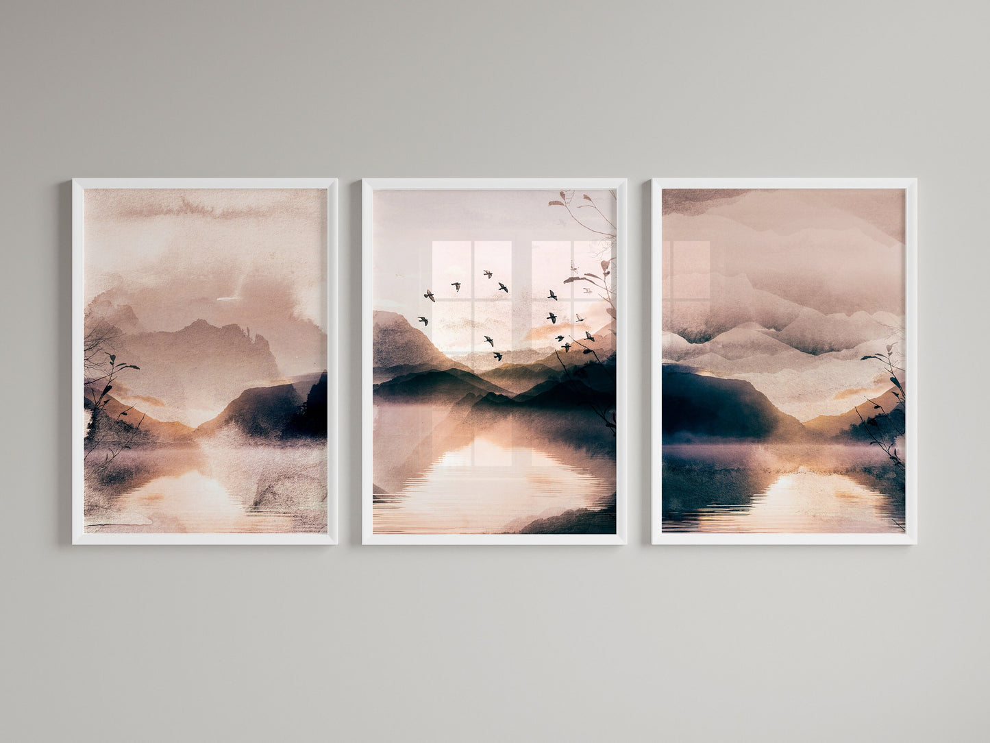 Set of 3 Peach Pink Watercolour Landscape Wall Prints