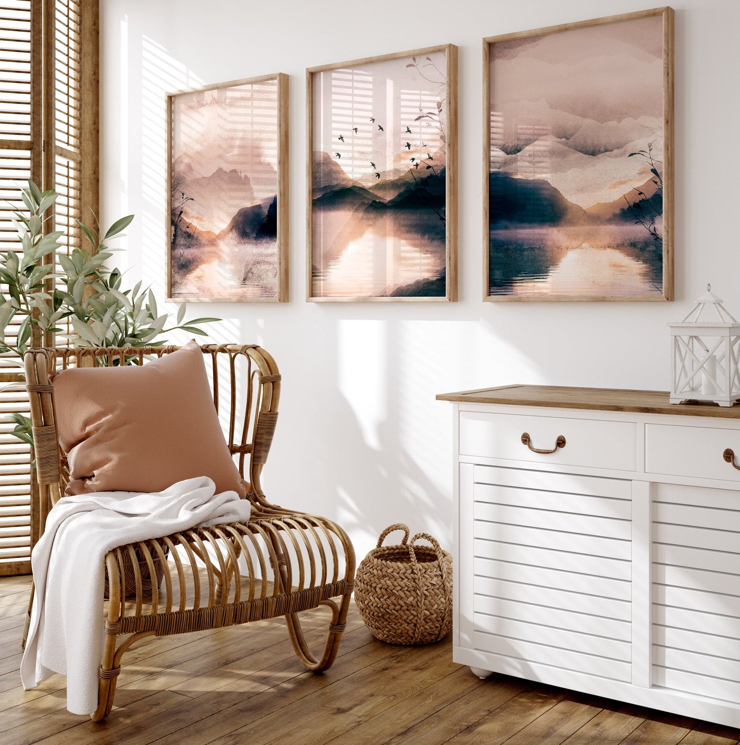 Set of 3 Peach Pink Watercolour Landscape Wall Prints