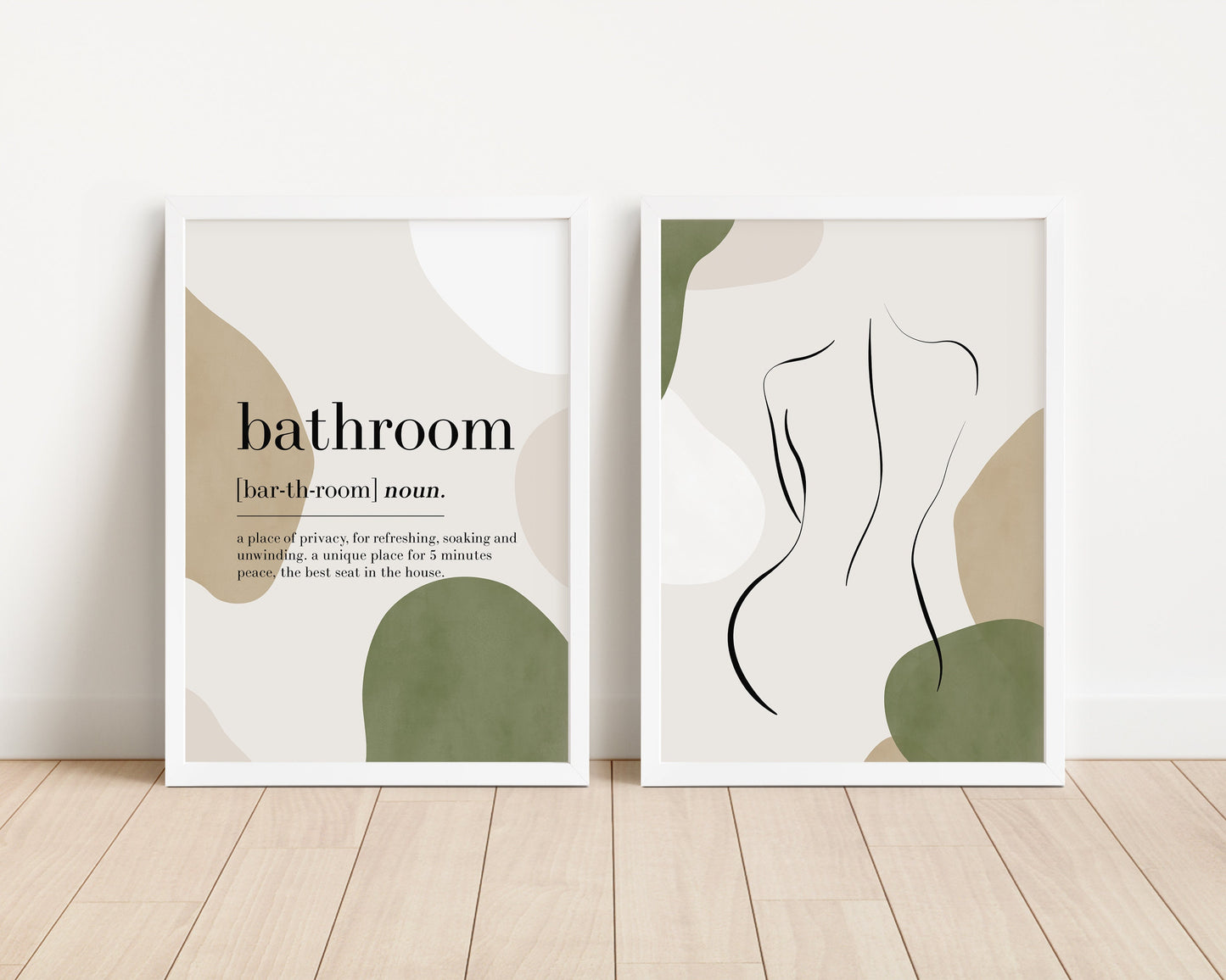 Set of 2 Olive Green Bathroom Wall Prints