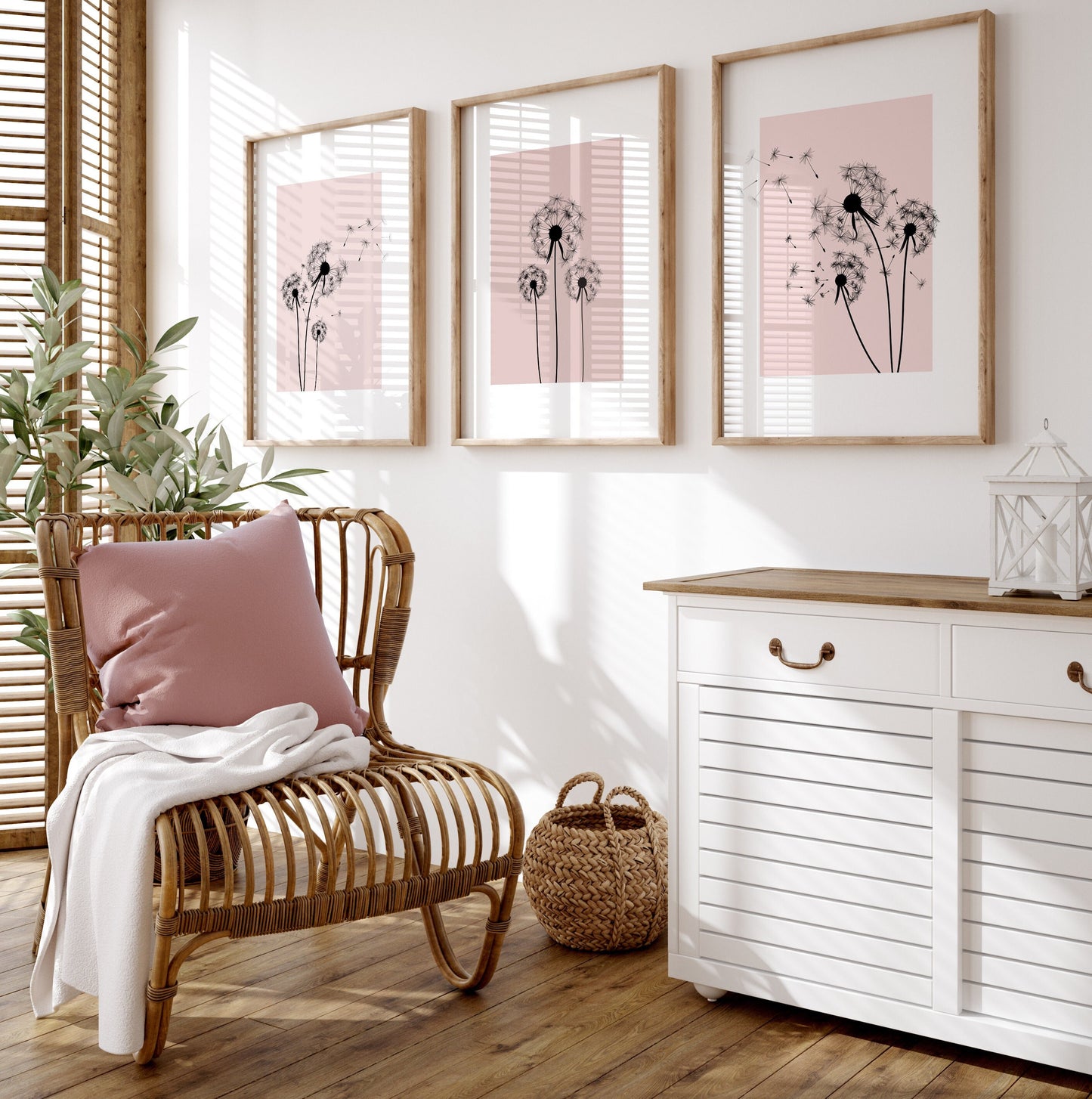 Set of 3 Pink Dandelion Wall Art Prints