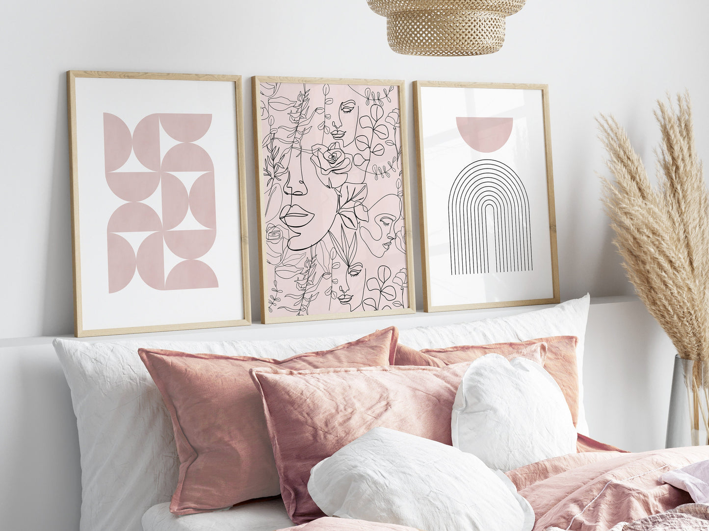Set of 3 Pink Boho Abstract Wall Art Prints