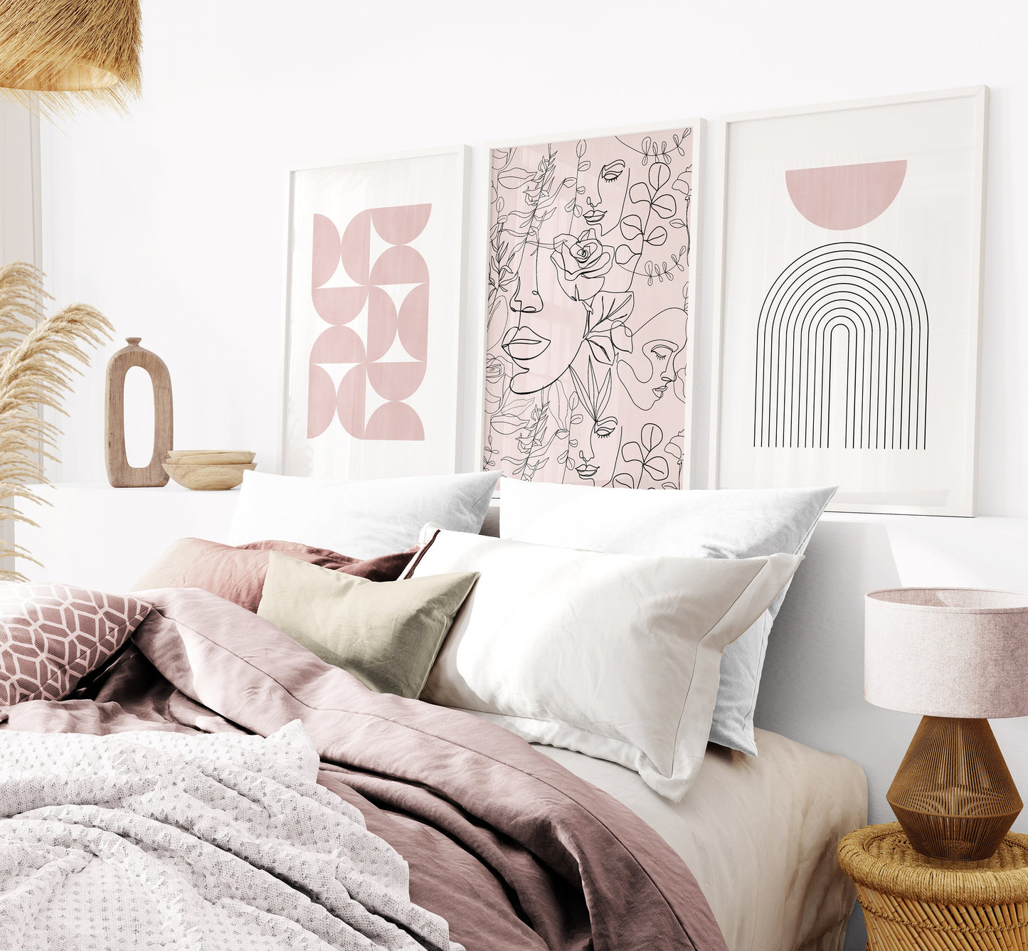 Set of 3 Pink Boho Abstract Wall Art Prints