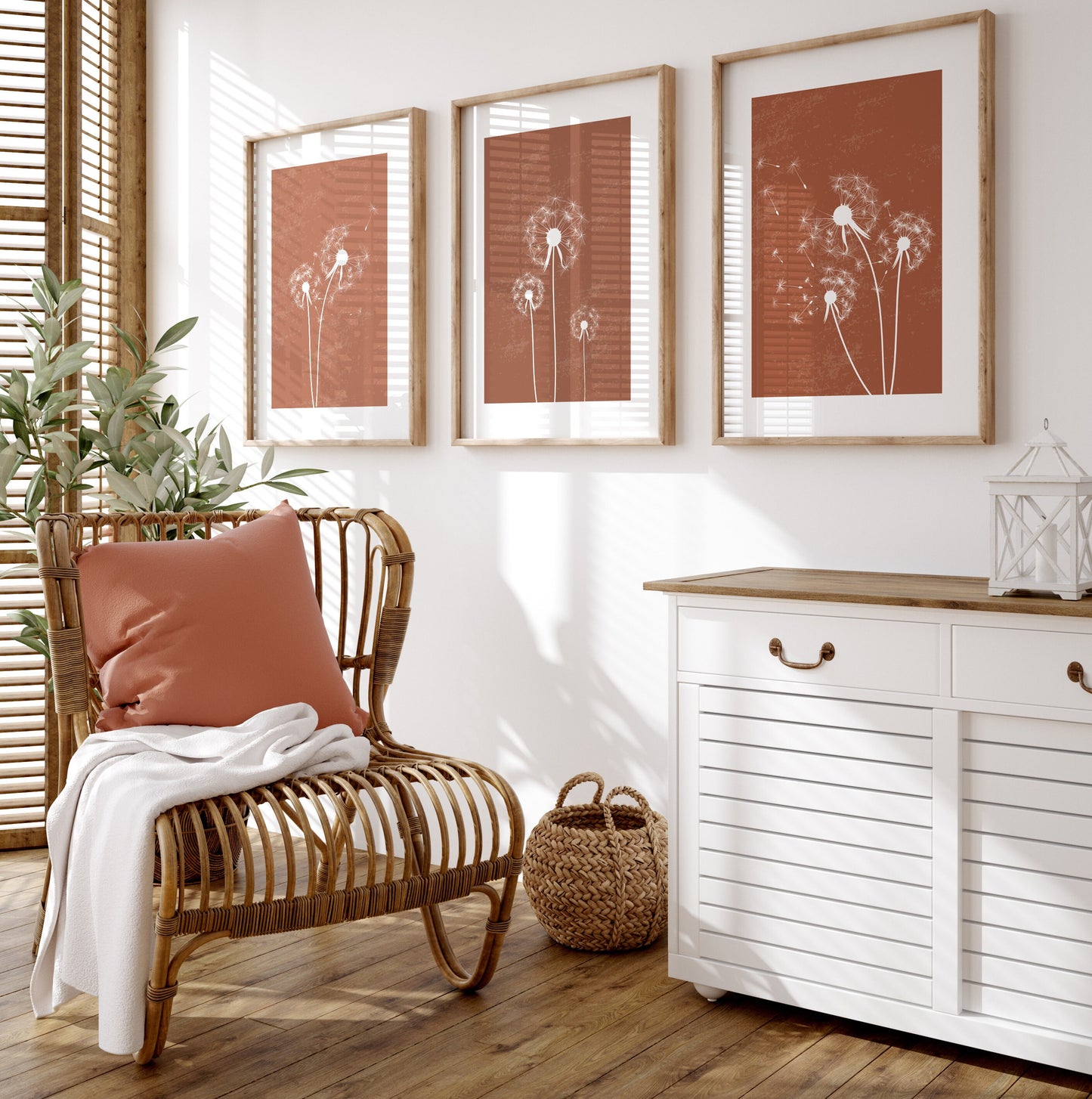 Set of 3 Terracotta Dandelion Wall Art Prints