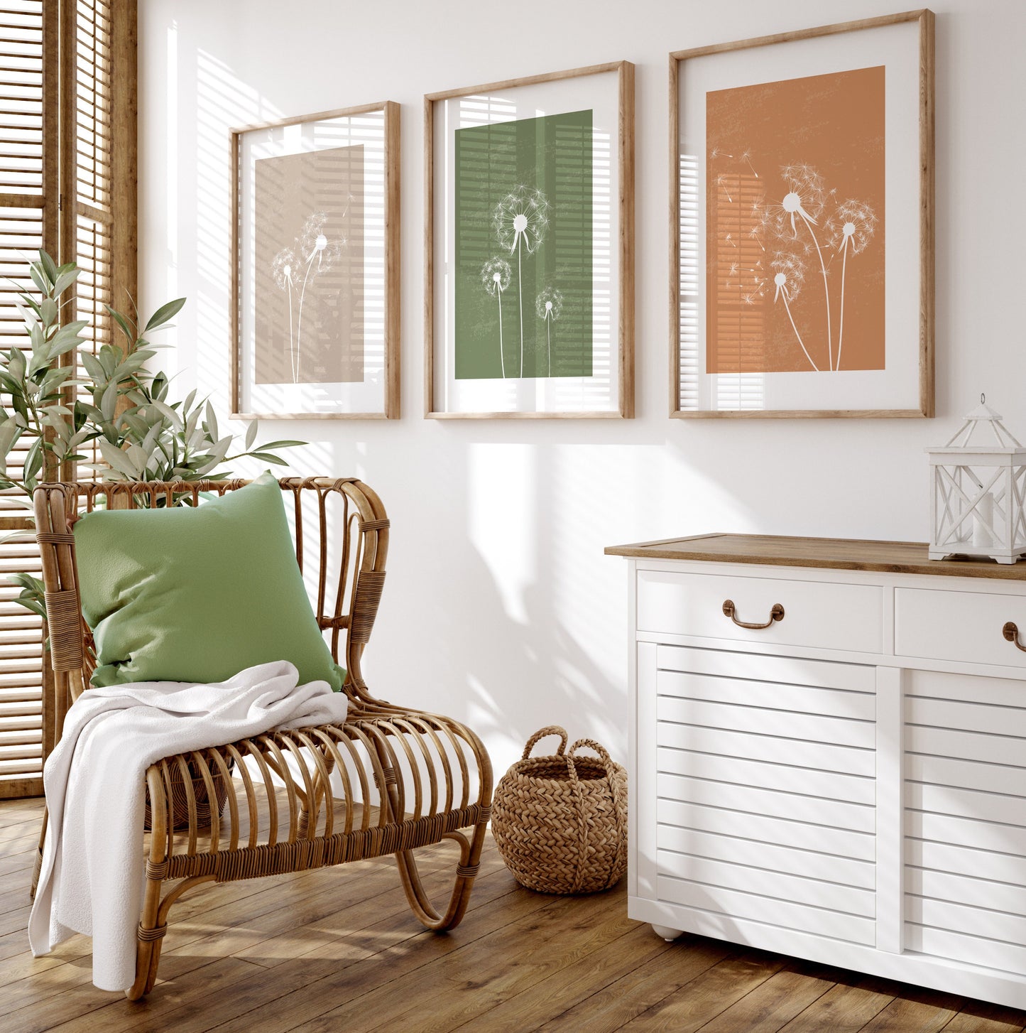 Set of 3 Green & Orange Dandelion Wall Prints