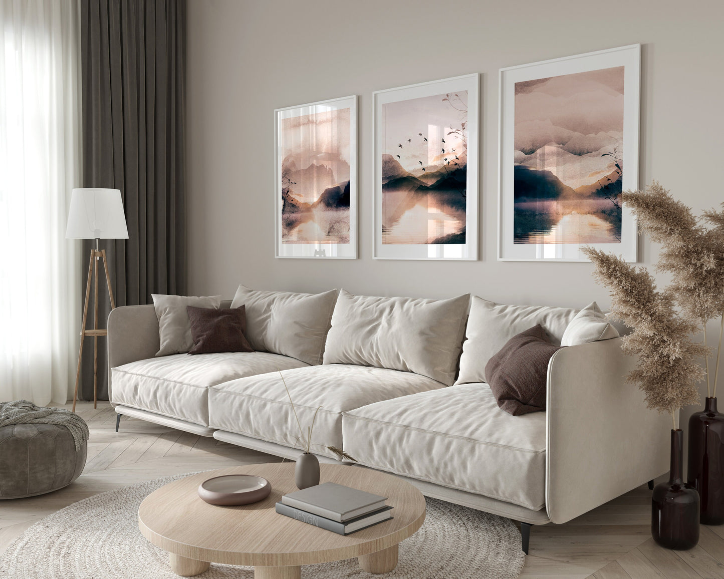 Set of 3 Peach Pink Watercolour Landscape Wall Prints