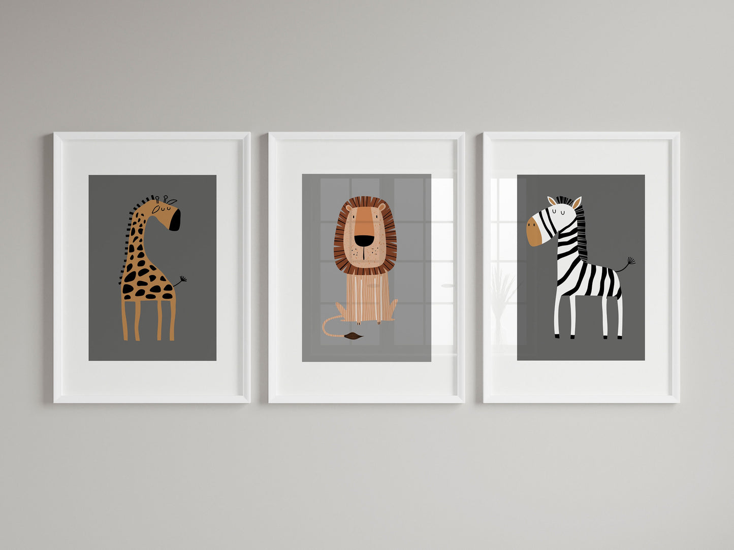 Set of 3 Grey Safari Animal Nursery Wall Art Prints