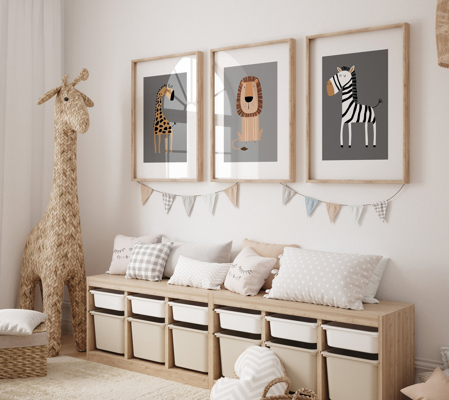 Set of 3 Grey Safari Animal Nursery Wall Art Prints
