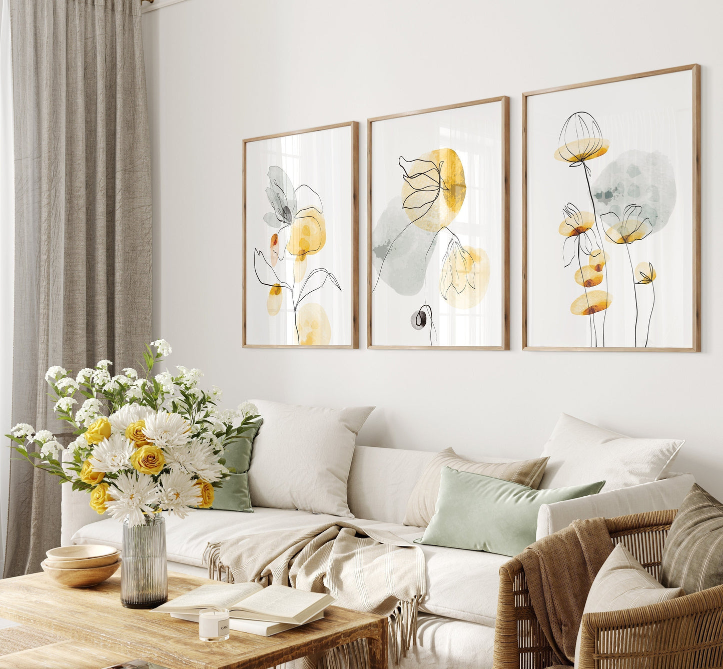 Set of 3 Yellow Daisy Abstract Wall Prints