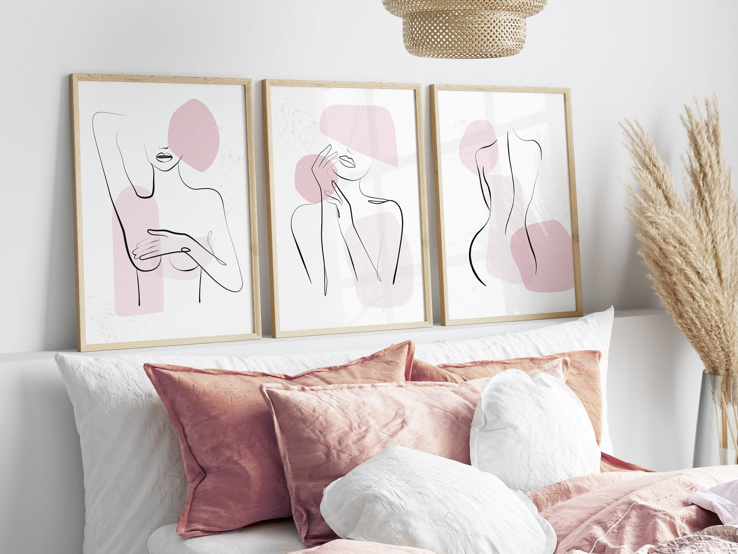 Set of 3 Pink Line Art Women Wall Prints