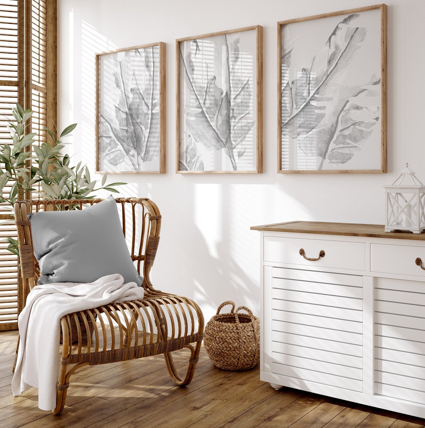 Set of 3 Light Grey Leaf Abstract Wall Art Prints