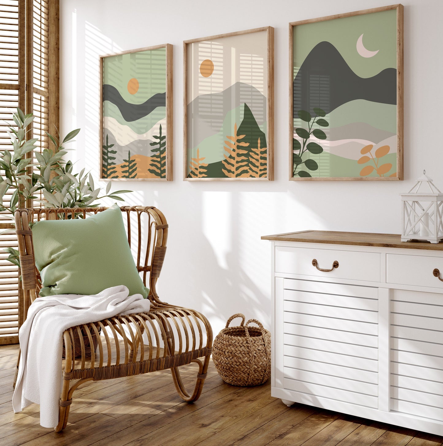 Set of 3 Green Boho Landscape Abstract Wall Art Prints