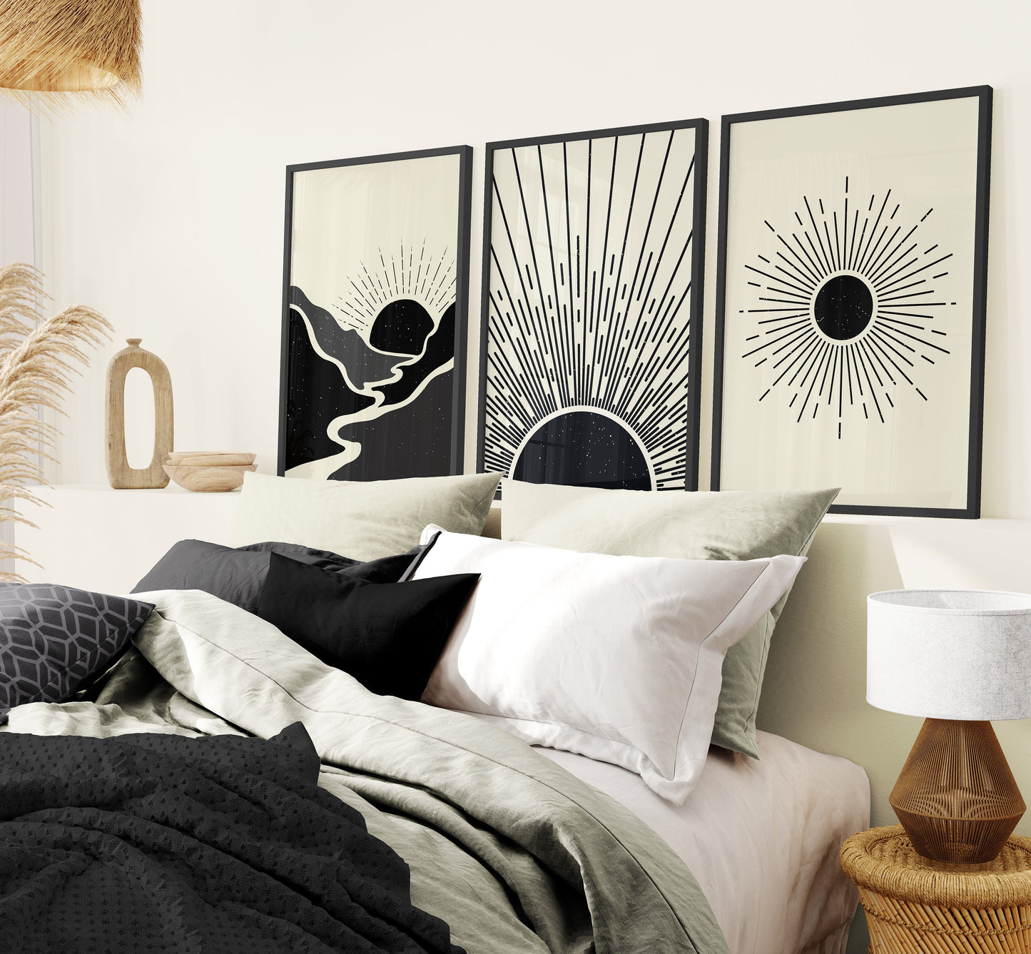 Set of 3 Black & Beige Boho Sunshine Wall Prints